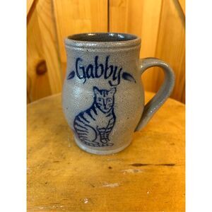 Vintage Rowe Pottery Works Coffee/Tea Mug Blue Gray Salt Glaze Pottery Cat Gabby